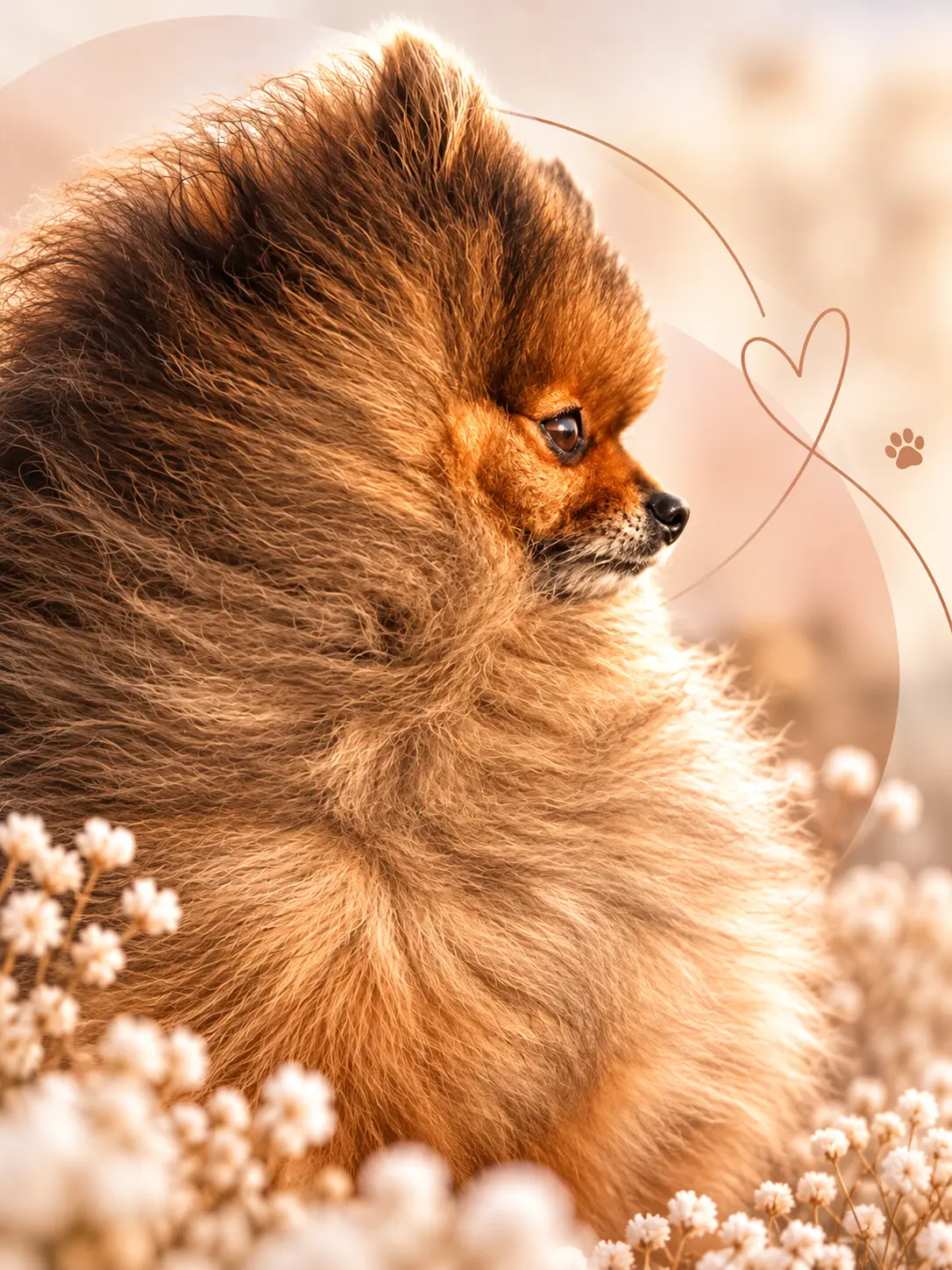 An orange-sable Forsan Pomeranian in profile among baby's breath flowers